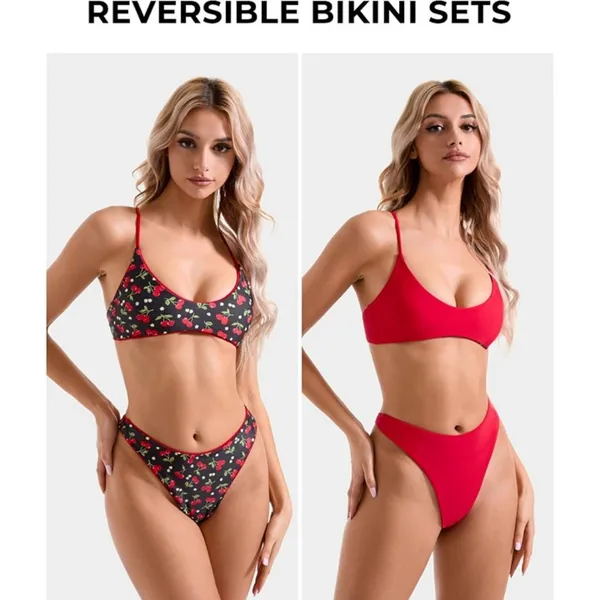 SUUKSESS High Waisted Thong Bikini Set Reversible String 2 Piece Swimsuit MEDIUM - Image 2