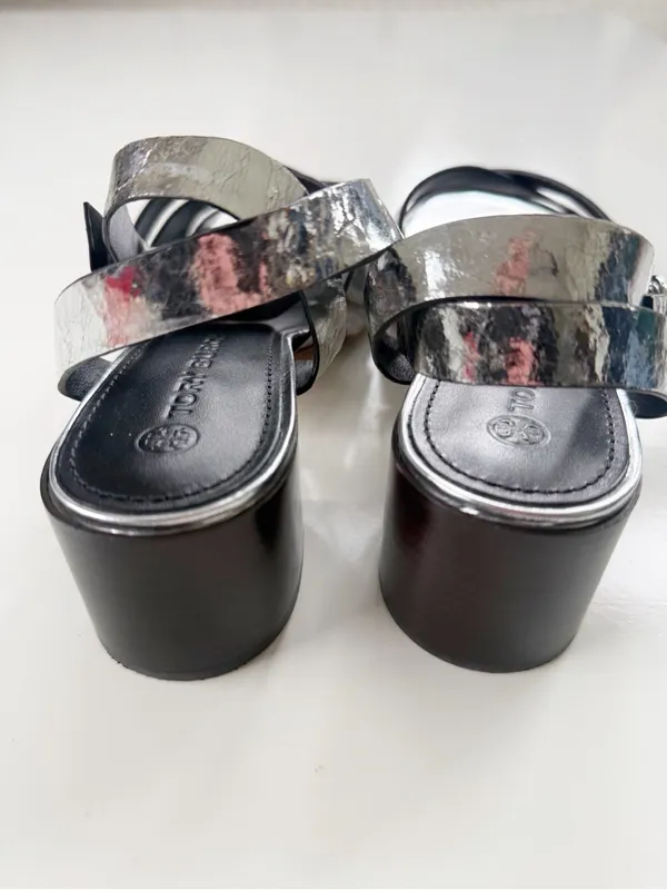 Tory Burch City Heel Sandal in Metallic Vachetta Silver Leather size 9 - Image 5