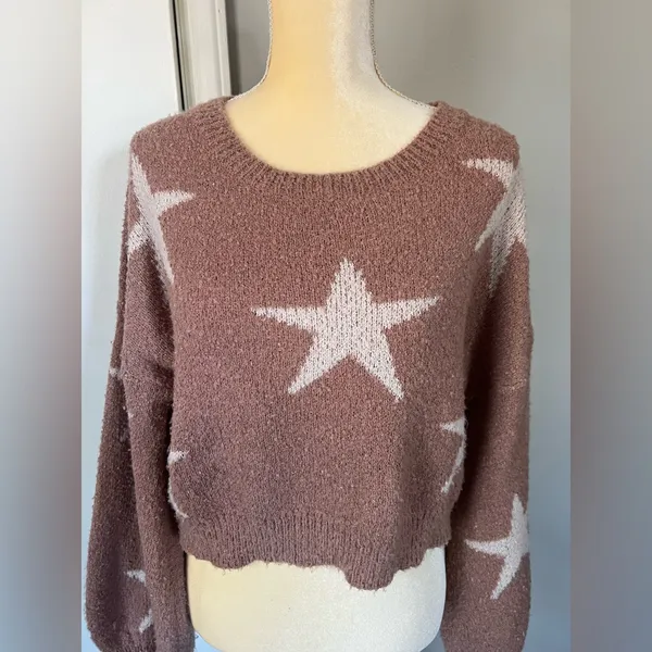 Altar’d State Woman’s Rose Pink White Star Super Soft & Cozy Cropped Sweater S - Image 2