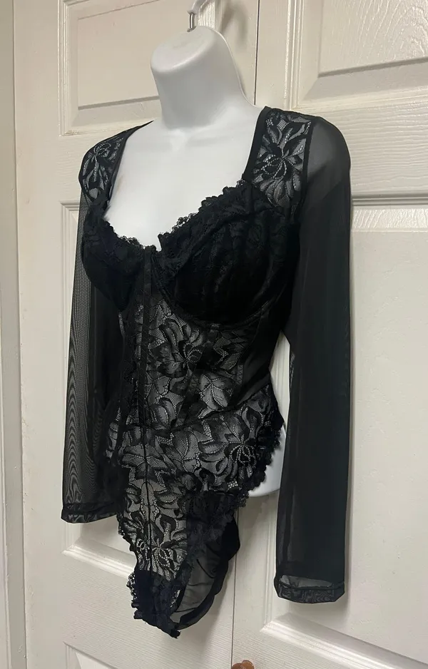 UNBRANDED Black Lace Bustier Sheer Mesh Sweetheart Neck Bodysuit - Image 6