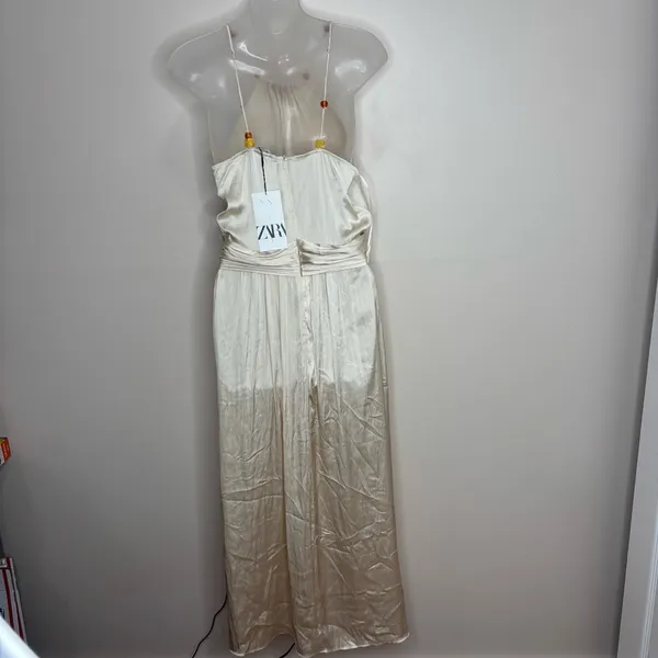 Zara Ivory Satin Effect Beaded strapless dress Size small classic side slit NWT - Image 5