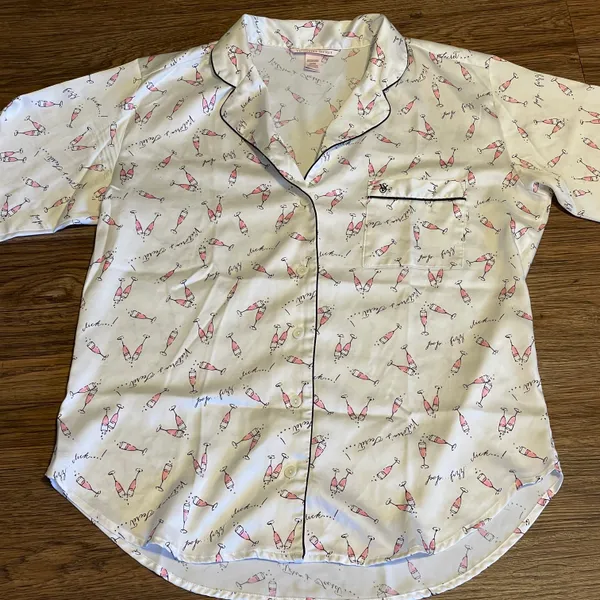 Victoria’s Secret Satin Feel Champagne Print Pajama Top Medium White Pink Black - Image 8