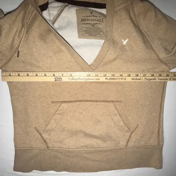 American Eagle V Neck Hoodie Large Tan Heathered Fleece Pullover Boho Y2K Coasta - Image 6