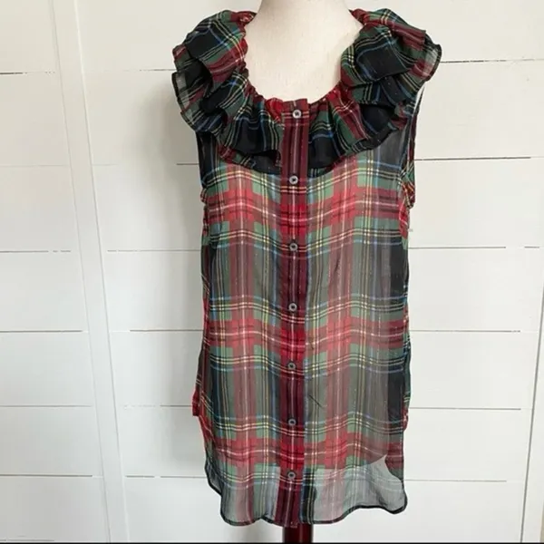 J. Crew Tartan Plaid Red Green Metallic Sheer Ruffle Button Tank‎ Blouse NWT S - Image 6