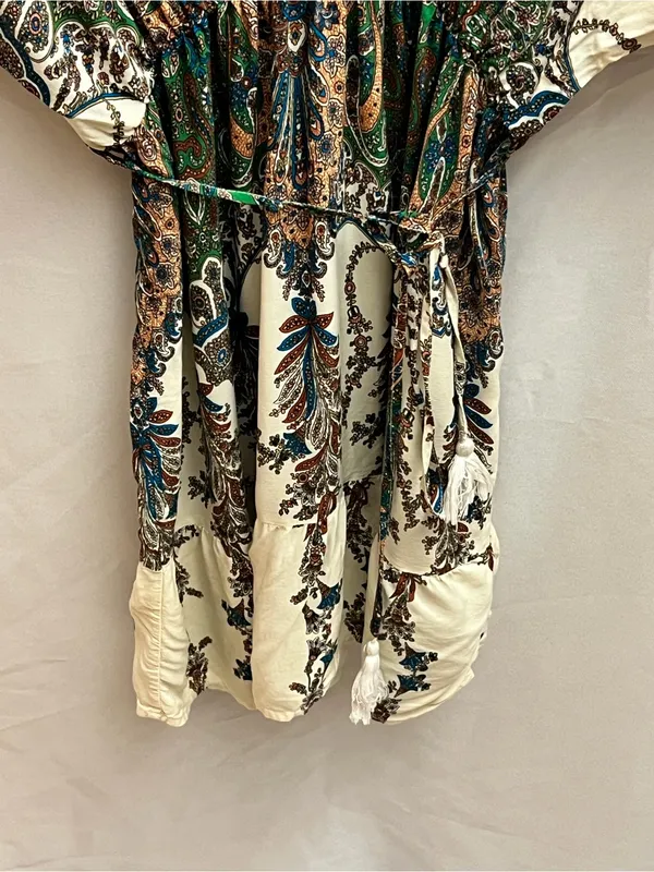 SHEIN Paisley Boho Kimono Mini Dress Green Brown Cream Size L - Image 4