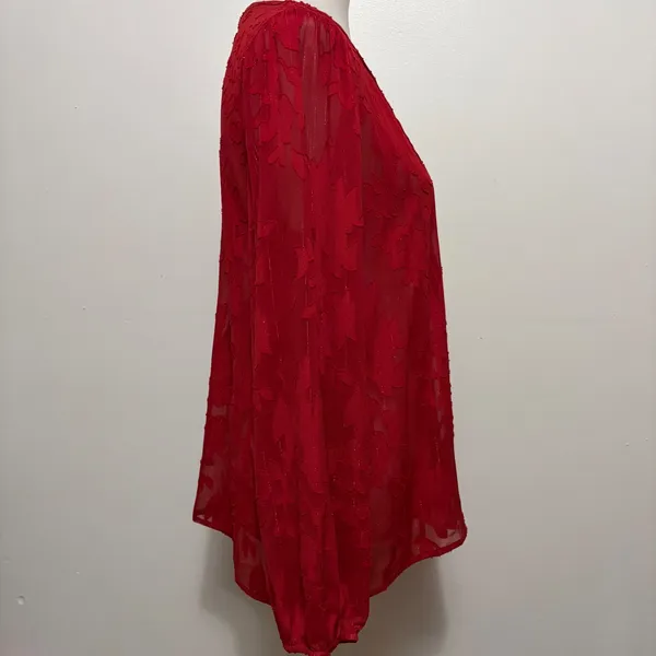 Maurices Blouse Large Red Floral Burnout Metallic Split Neck Pleated Peasant - Image 5