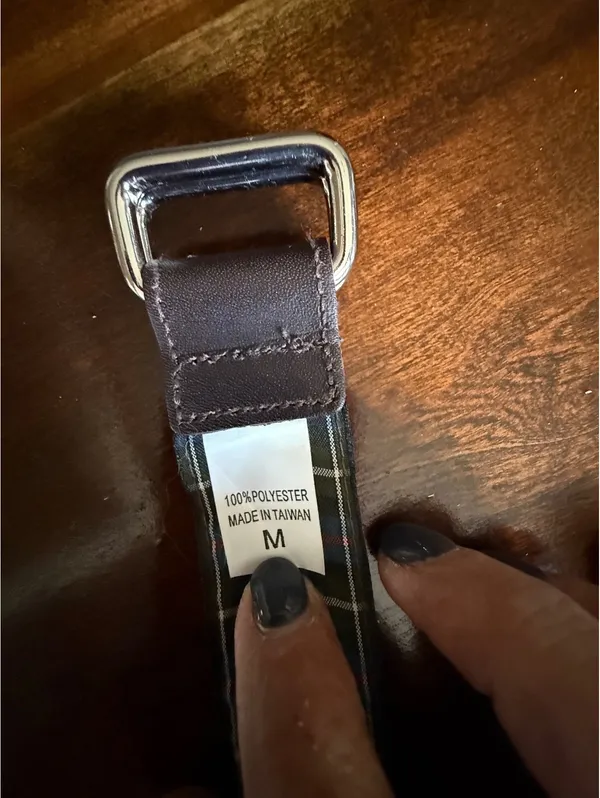 Plaid Patterned Belt with Brown Faux Leather Accents - Image 3