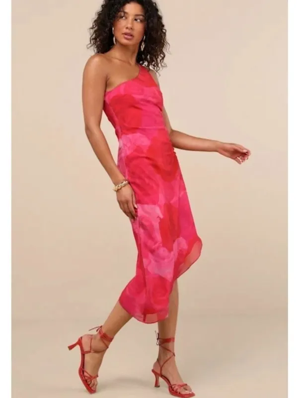 NWT Lulus Pretty Serene Pink Floral One Shoulder Asymmetrical Midi Dress - Med - Image 9