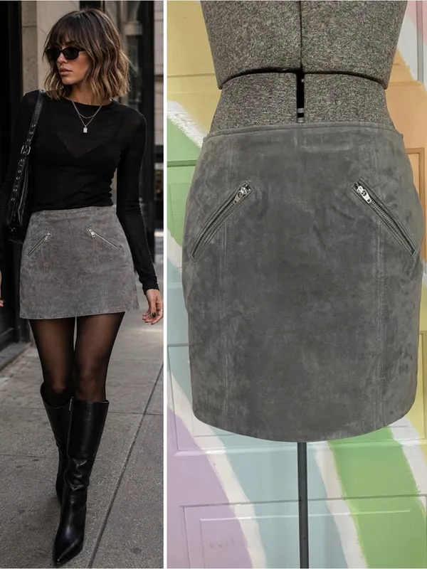 BLANKNYC Suede Leather A-Line Mini Skirt Fog Gray Moto Zip Pockets Sz 26 💚🎀 - Image 2