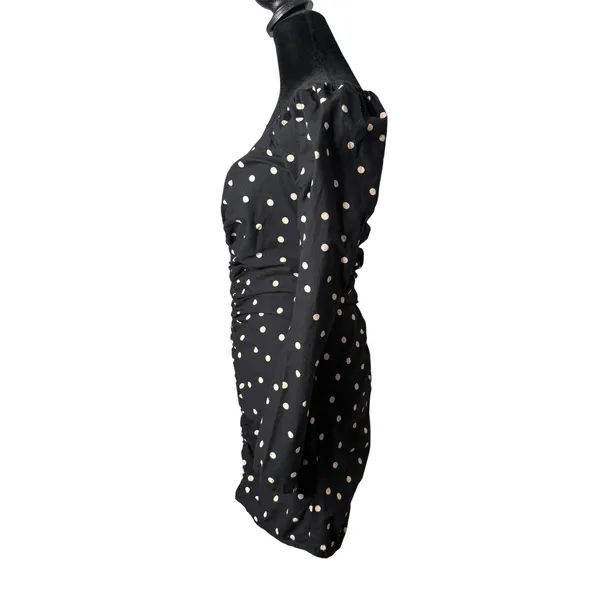ASOS Polka Dot Ruched Mini Dress Sweetheart Neck Puff Sleeve Womens 4 Black Party - Image 5