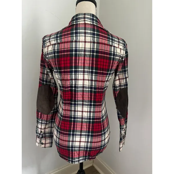 Ralph Lauren Tartan Plaid Shirt sz 2 Suede Elbow Patches Equestrian Preppy Cabin - Image 3