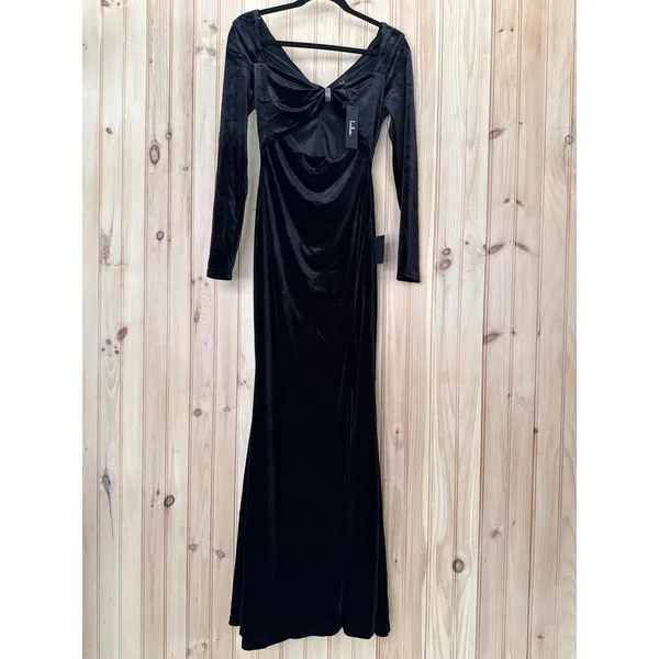 NWT Lulus Hollywood Heyday Black Velvet Long Sleeve Mermaid Maxi Dress Banquet M - Image 2
