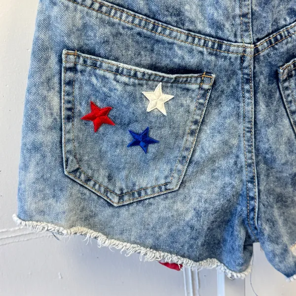 Refuge Patriotic Acid Wash Distressed American Flag Denim Shorts‎ Blue Sz 0 Star - Image 5