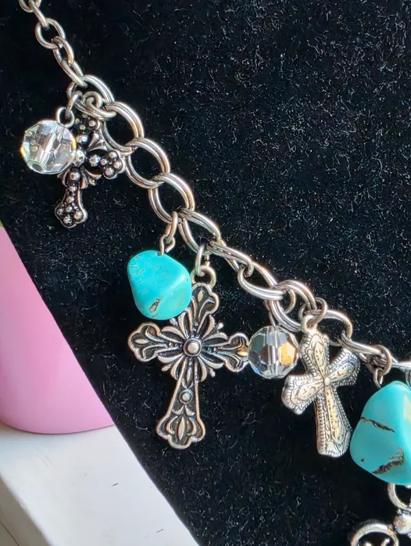 Western Turquoise & Crystal Cross Charm necklace - Image 3