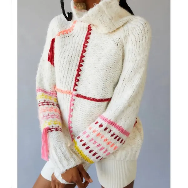BDG Urban Outfitters Anissa Cream Knit Multicolored Fringe Mockneck Sweater - Image 3