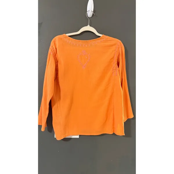 Kaketus Y2k Orange Cotton Gauze‎ Embroidered Boho Henley Blouse Womens Large - Image 4