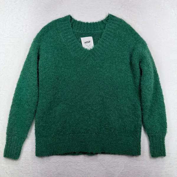 Aerie XS Sweater Green V-Neck Fuzzy Boucle Knit Pullover Relaxed Cozy Winter - Image 3