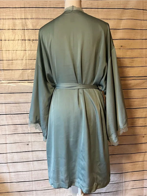 Victoria's Secret Satin Lace Trim Robe Sea-Foam Green Kimono Wrap Size M/L - Image 4