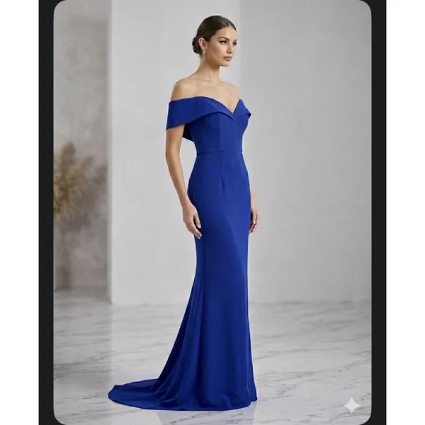 Bariano Australia Off Shoulder Sweetheart Neck Dress Gown With Train Blue Size 4 - Image 2