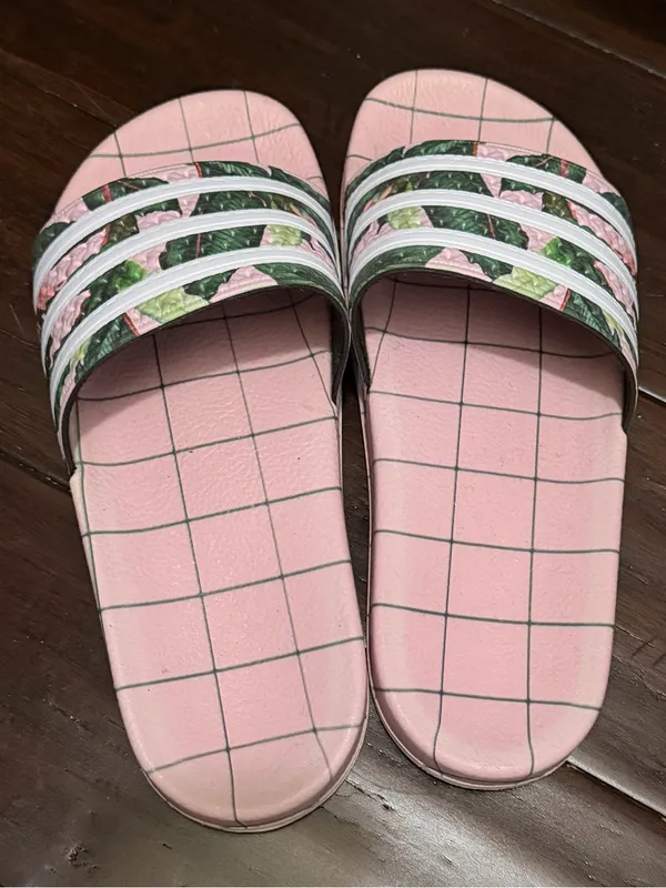 Adidas® Adilette slides pink - Green Floral & White Stripes 7 - Image 6