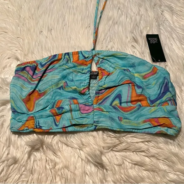 Wild Fable Women's Size XS Swirl Marble Halter Crop Top Aqua Blue Woven Smocked - Image 3
