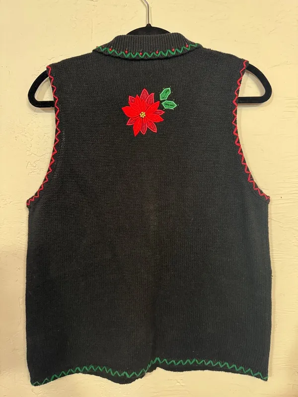 Vtg Women Ugly Christmas Sweater Vest Zip Up Poinsettia Embroidered Beaded 4/6 - Image 12