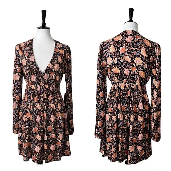 Billabong Sweetest Dream Floral Mini Dress Black Pebble Long Sleeve L - Image 9