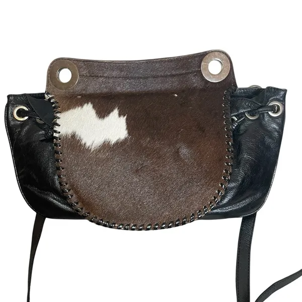Black Leather‎ Brown White Cowhide Boho Purse Mondrina Handbag Western Cowgirl - Image 2