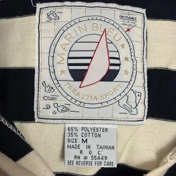 Tarazzia Sport Cropped Hoodie M Navy Cream Stripe Nautical Marin Bleu 90s French - Image 7