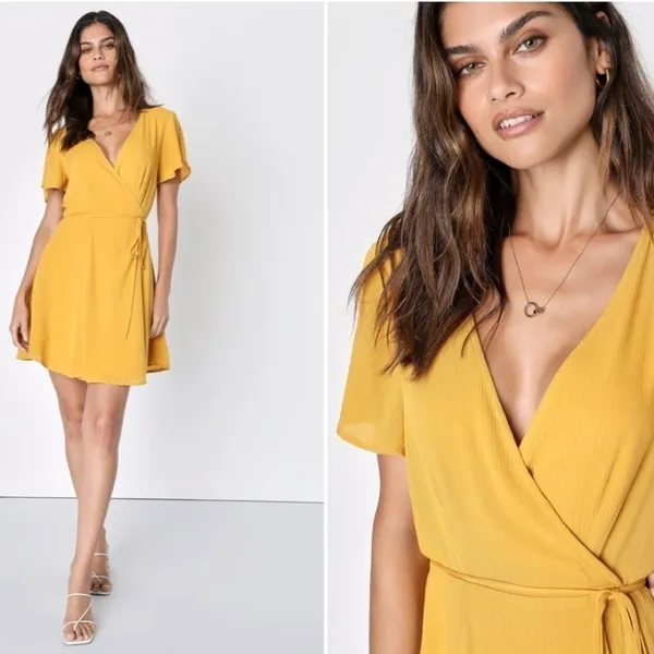 LULU's Sexy Sophisticated Mini Mustard Yellow Wrap Dress • Small NWOT - Image 2