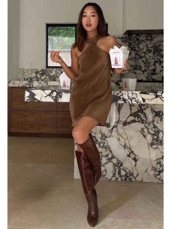 Song Of Style Pluto Dress Size Small Brown Satin Twist Ribbed Mini Romantic Chic - Image 11