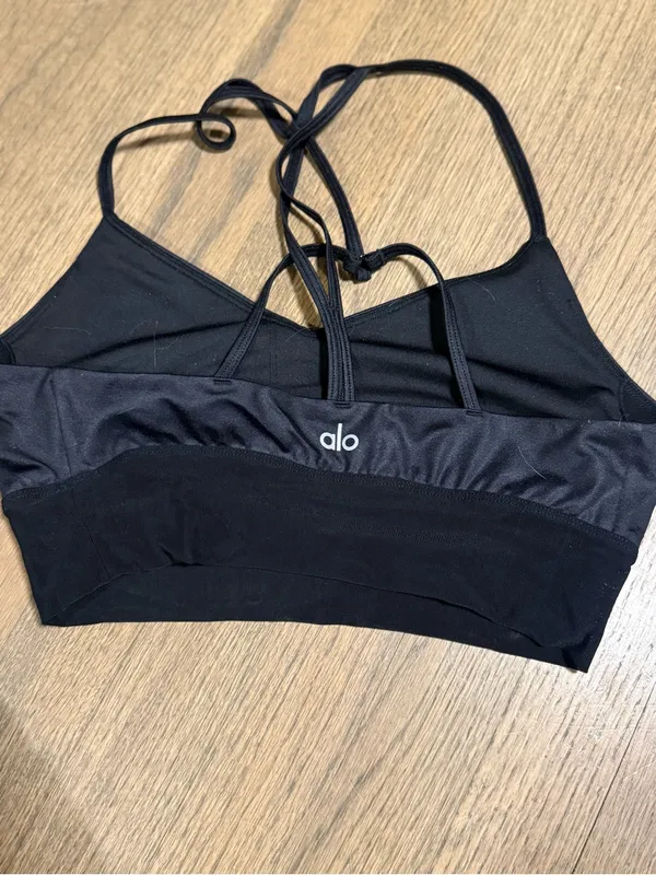Alo Yoga Lavish Bra Glossy Black Mesh:Size Medium - Image 4