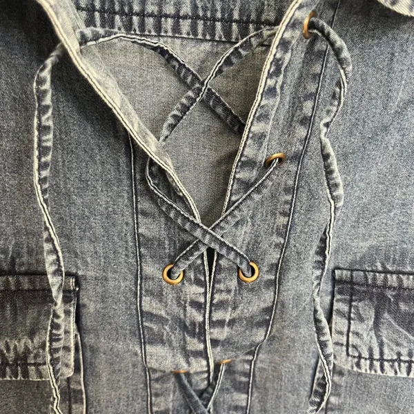 Earl Jean Womens 2X Blue Denim Chambray‎ Lace Up Pullover Shirt Long Sleeve NWT - Image 3