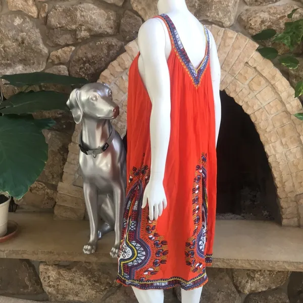 Jessica Taylor Rayon Teresa Orange Printed V-Neck Flowy Sleeveless Dress Size L - Image 2