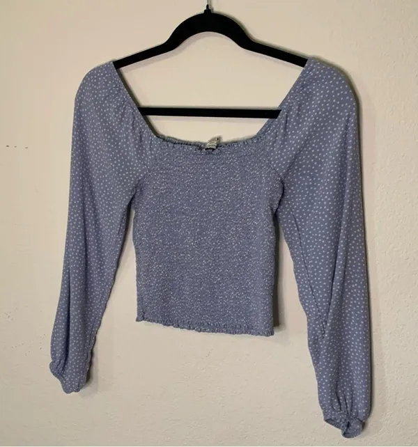 American Eagle Powder Blue Polka Dot Balloon Sleeve Smocked Crop Top Small - Image 6