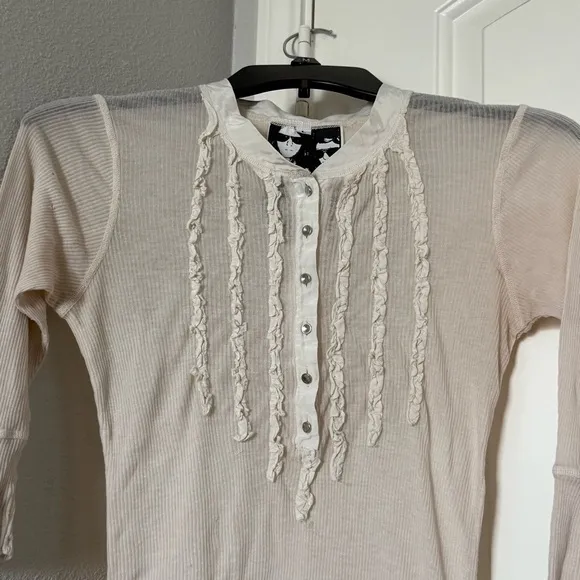 Young Fabulous & Broke Sheer Ribbed Henley Tunic Distressed Boho Style Large - Image 6