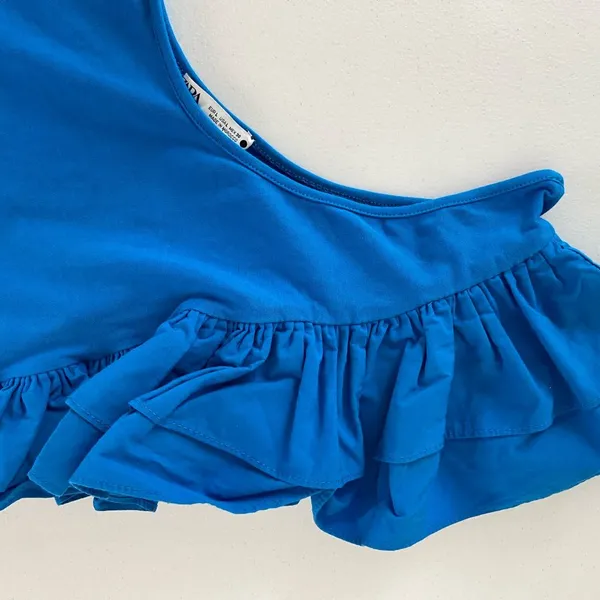 EUC ZARA women’s bright‎ blue off-shoulder ruffle sleeve fitted bodysuit large - Image 2