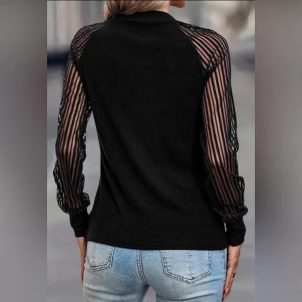 NEW Black Ribbed Top With Striped Mesh Long Sleeves - Image 2