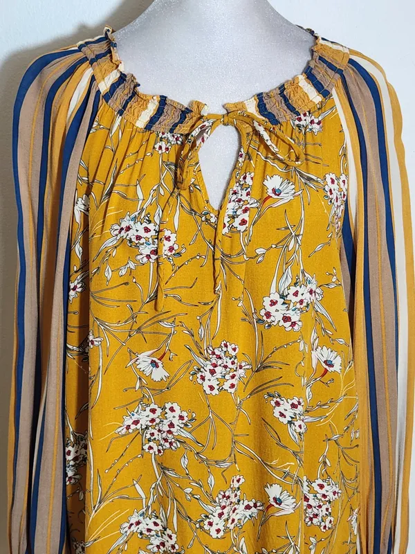 Gigio Mustard Yellow Boho Peasant Blouse Floral and Stripe Print Size Large - Image 2