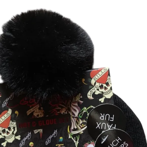 🆕 Ed Hardy Unisex Y2K Cuff Beanie Black Cap Hat & Gloves Brand New Set - Image 5