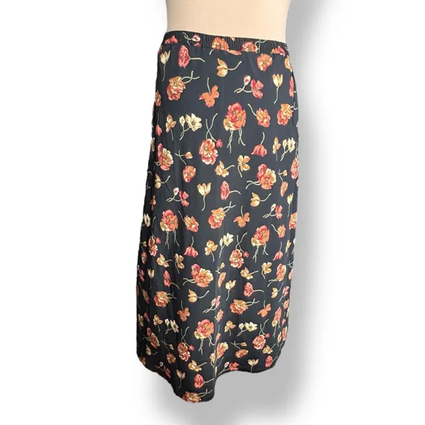 Vintage‎ 90s Halston Black Red Dark Floral Maxi Skirt Side Button Size 12 Fall - Image 4
