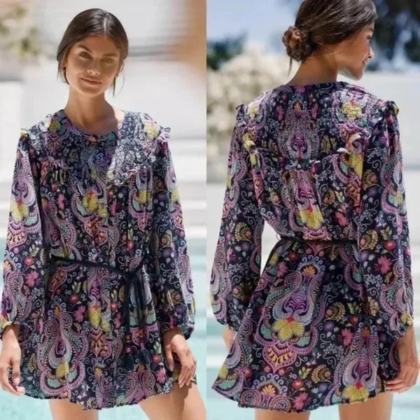 NWT Anthropologie Mini Dress Paisley Vibrant Boho Smocked Collar‎ Med - Image 3