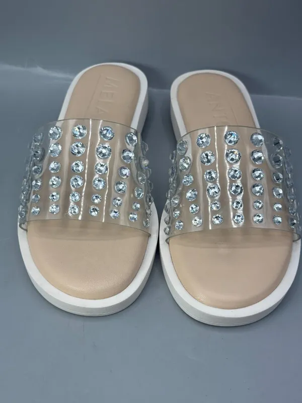 Antonio Melani Slide Sandals Womens 5 Tan Clear Rhinestones Flat Heel Slip On - Image 3