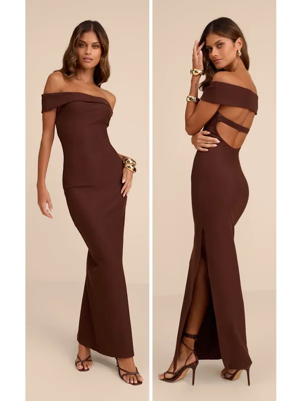 Lulus Chastain Brown Ponte Knit Off-the-Shoulder Maxi Dress Size Medium Formal - Image 2