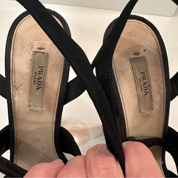Prada Platform Stiletto T-strap Sandals Sz 39 Suede Black Gray Heels Peep Toe - Image 10