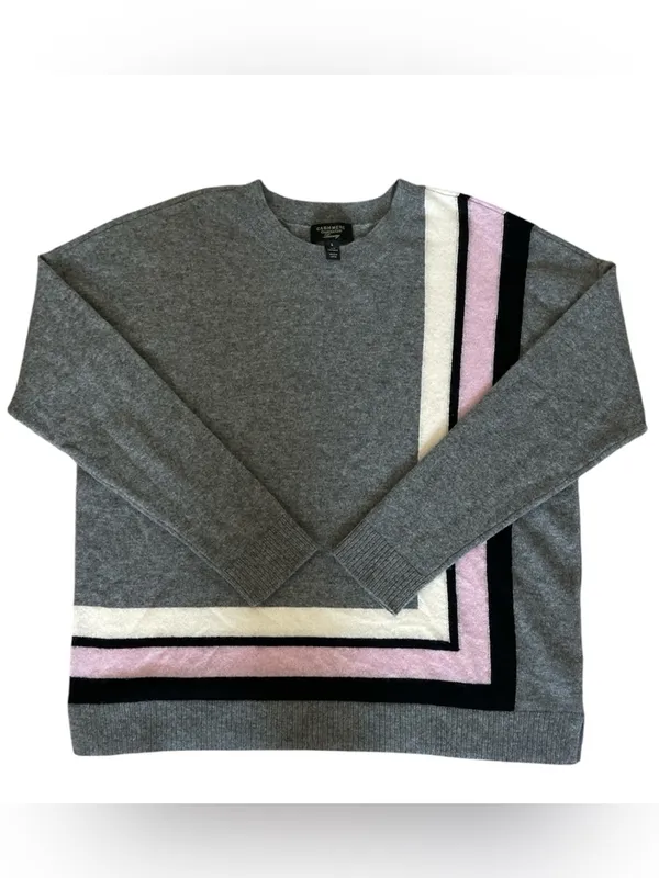 Charter Club Pure Cashmere Border Trim Sweater Gray Heather Pink Stripe Large - Image 3