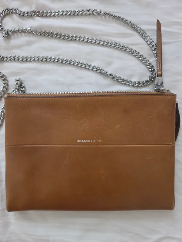 Coach Tan Leather Crossbody / Clutch with Silver Chain Strap - Image 3
