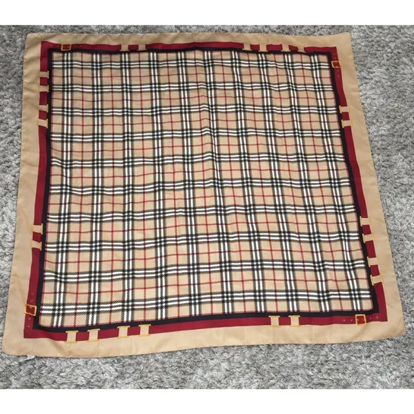 Vintage Plaid Square Scarf Tan Red Black Check Head Neck Wrap Equestrian Buckle - Image 2