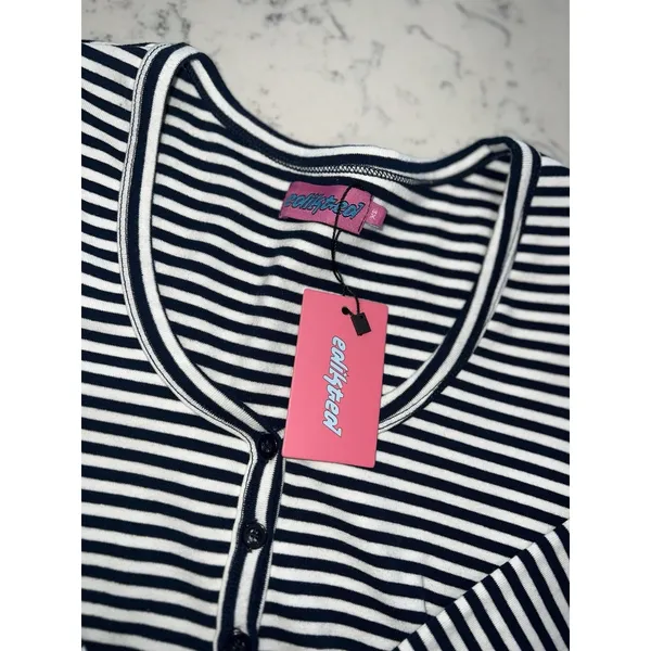 Edikted Women's XS Slim Fit Navy & White Knit Long Sleeve Henley Tee‎ - Image 2