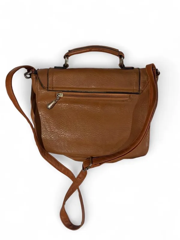 Structured Tan Crossbody Satchel with Perforated Flap and Top Handle - Image 3